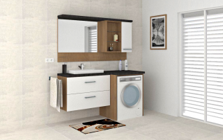 Badeinrichtung mit Spiegel- und Hängeschrank, Waschtischunterbau + Verkleidung der Waschmaschine